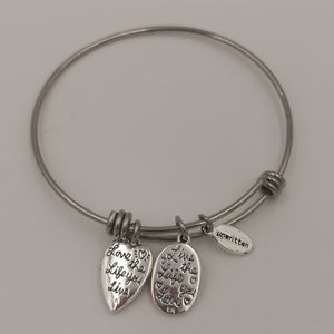 Two-Tone Stainless Steel “Love Life” Unwritten Charm Adjustable Bangle Bracelet
